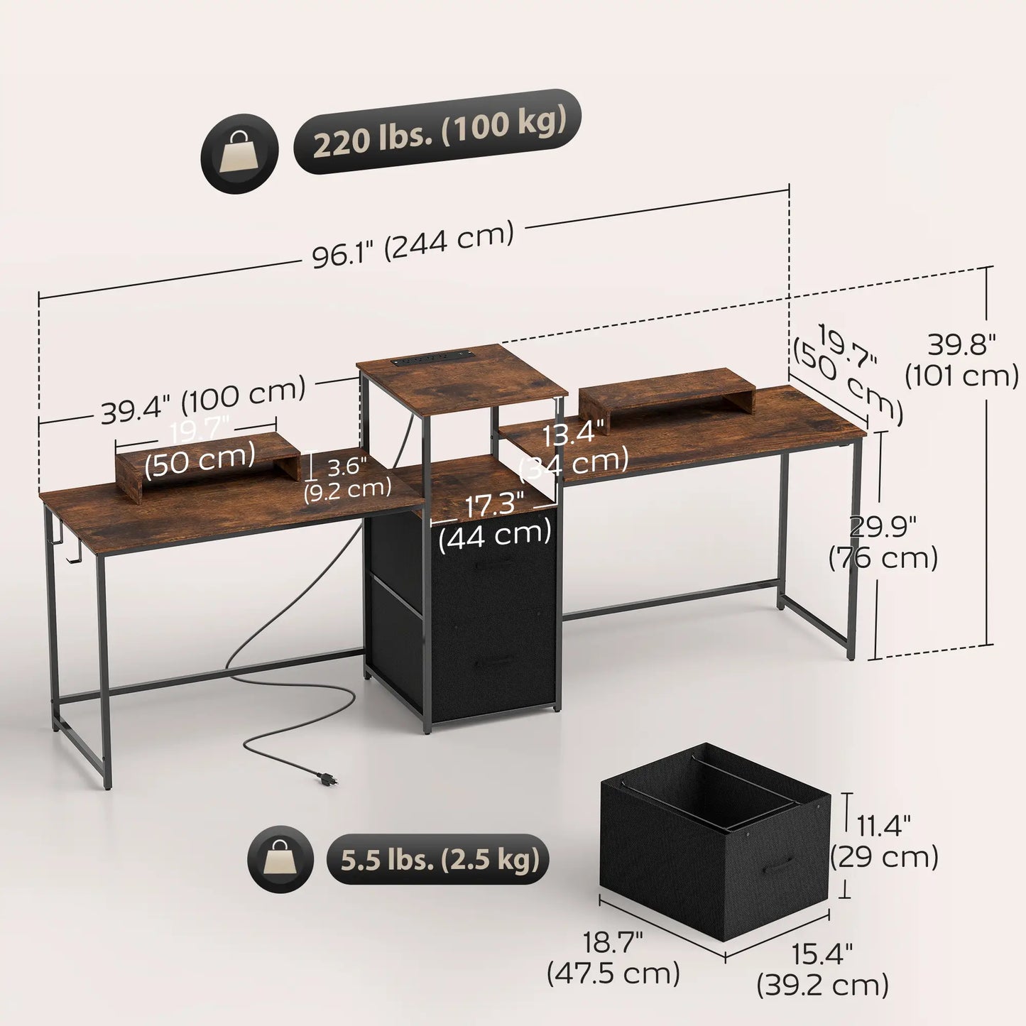 96 Inch Gaming Desk, Dual Computer Desk, Rustic Brown, Brown