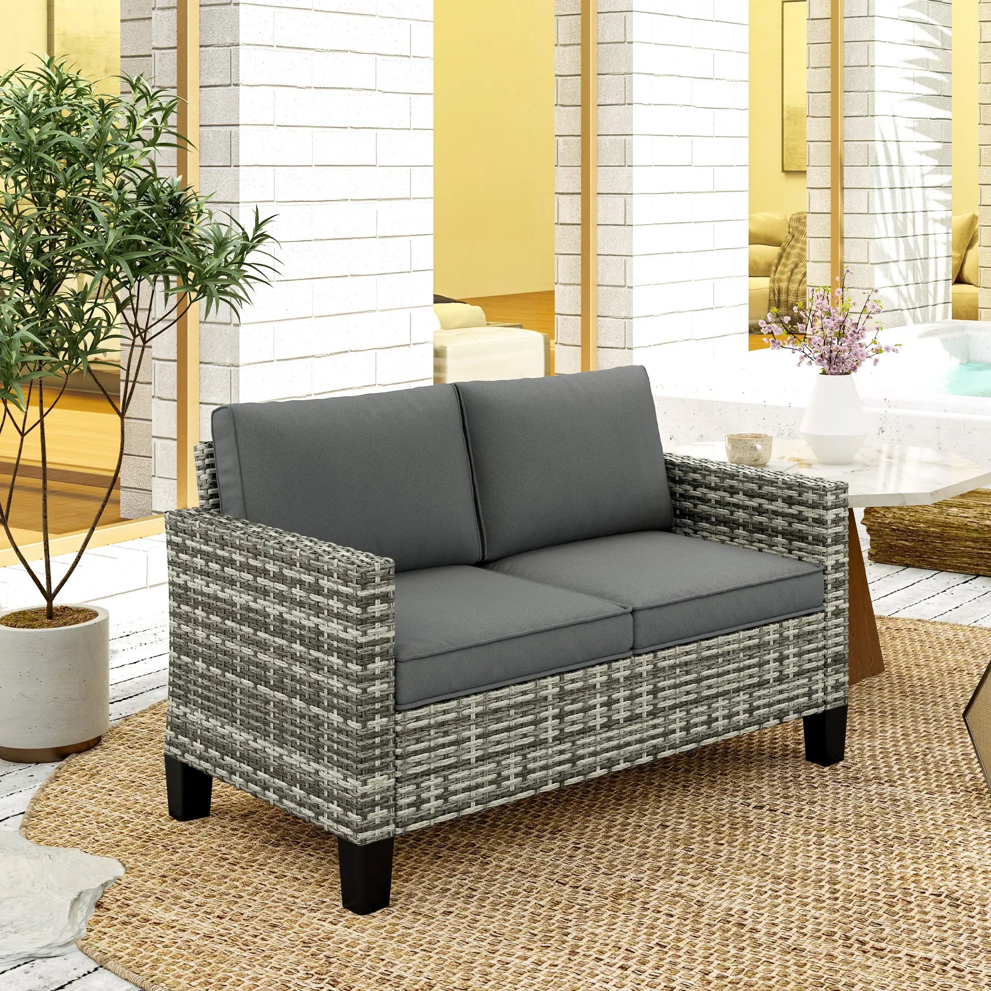 2 Seater Rattan Outdoor Sofa with Cushions, Dark Grey Patio Furniture Sets at Gallery Canada