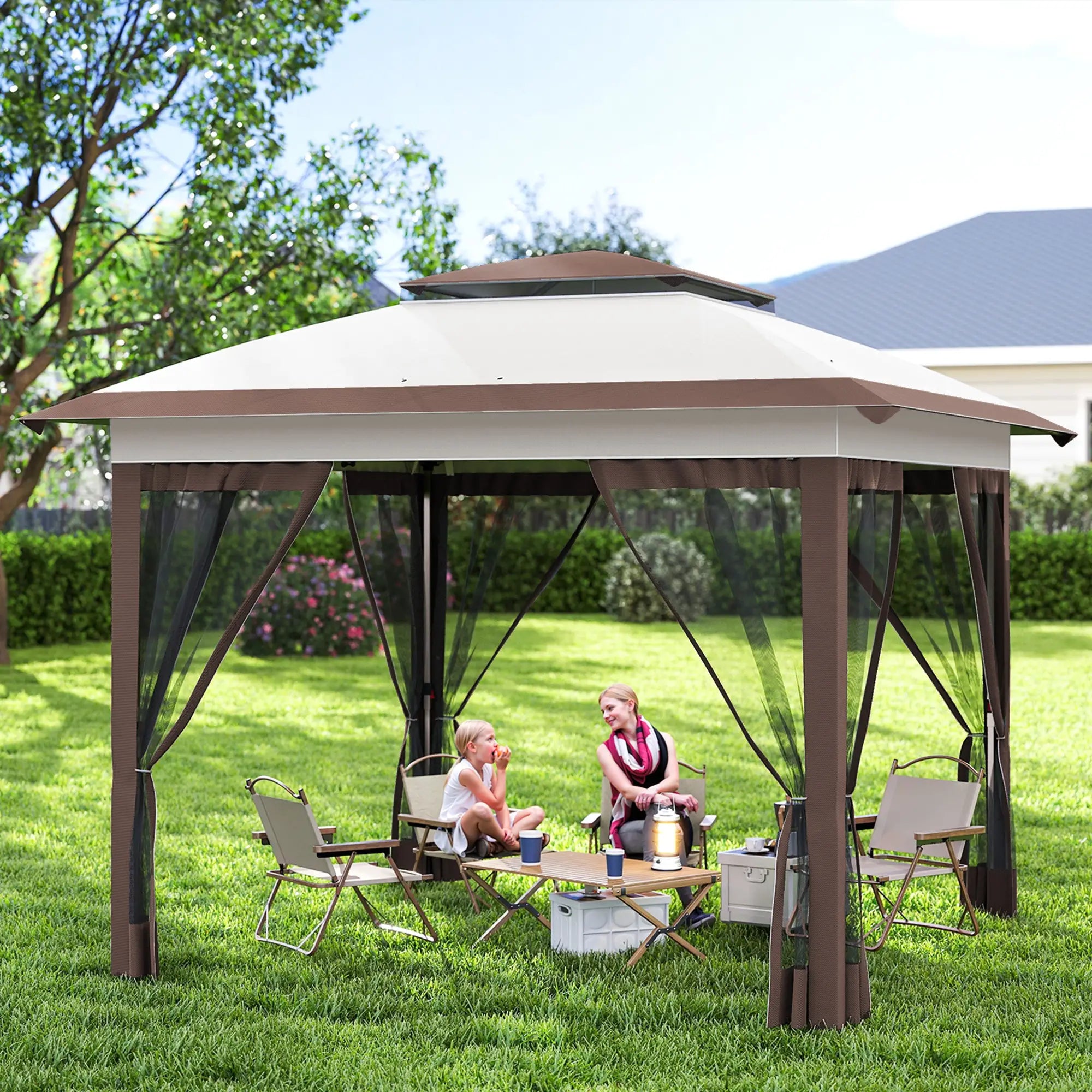 12' x 12' Pop Up Canopy, Sun Shade Tent, Mesh Sidewalls, Beige, Dark Brown Pop Up Canopies at Gallery Canada