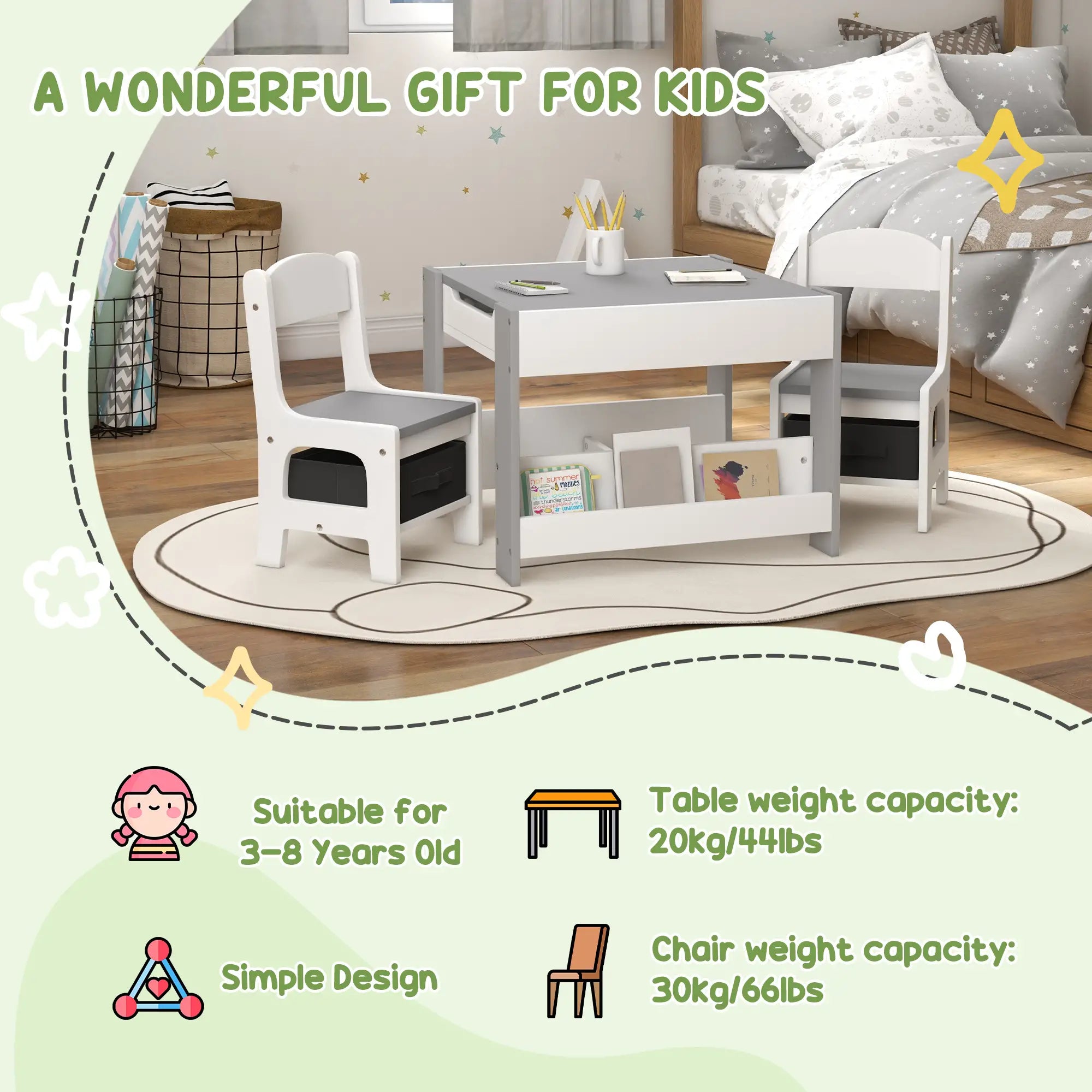 3 Piece Kids Table and Chair Set, Reversible Tabletop, Blackboard, Storage, Grey Kids Table Sets at Gallery Canada