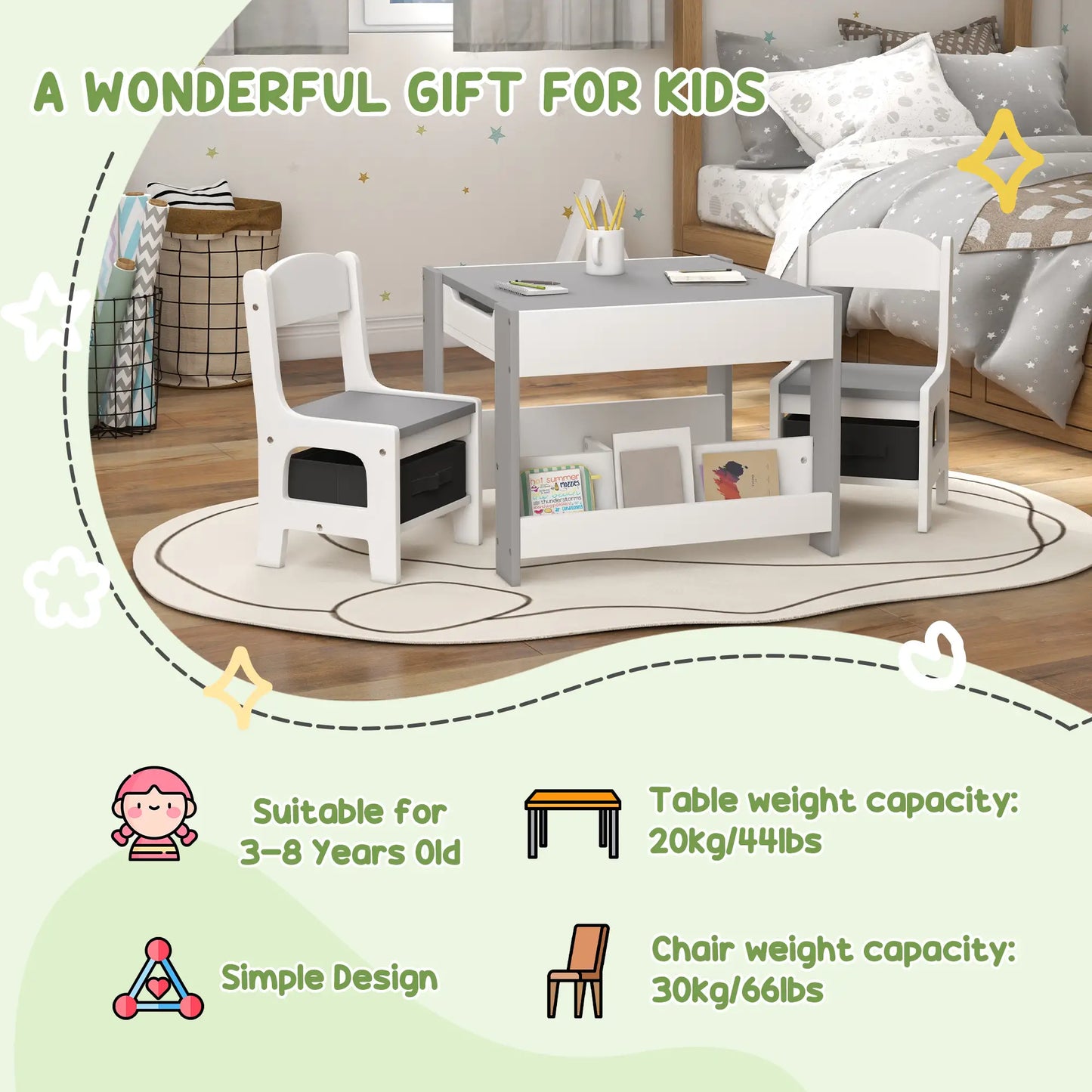 3 Piece Kids Table and Chair Set, Reversible Tabletop, Blackboard, Storage, Grey Kids Table Sets at Gallery Canada