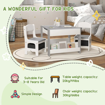 3 Piece Kids Table and Chair Set, Reversible Tabletop, Blackboard, Storage, Grey Kids Table Sets at Gallery Canada