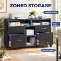 Filing Cabinet Locking Drawers Open Shelves 5 Casters, Black