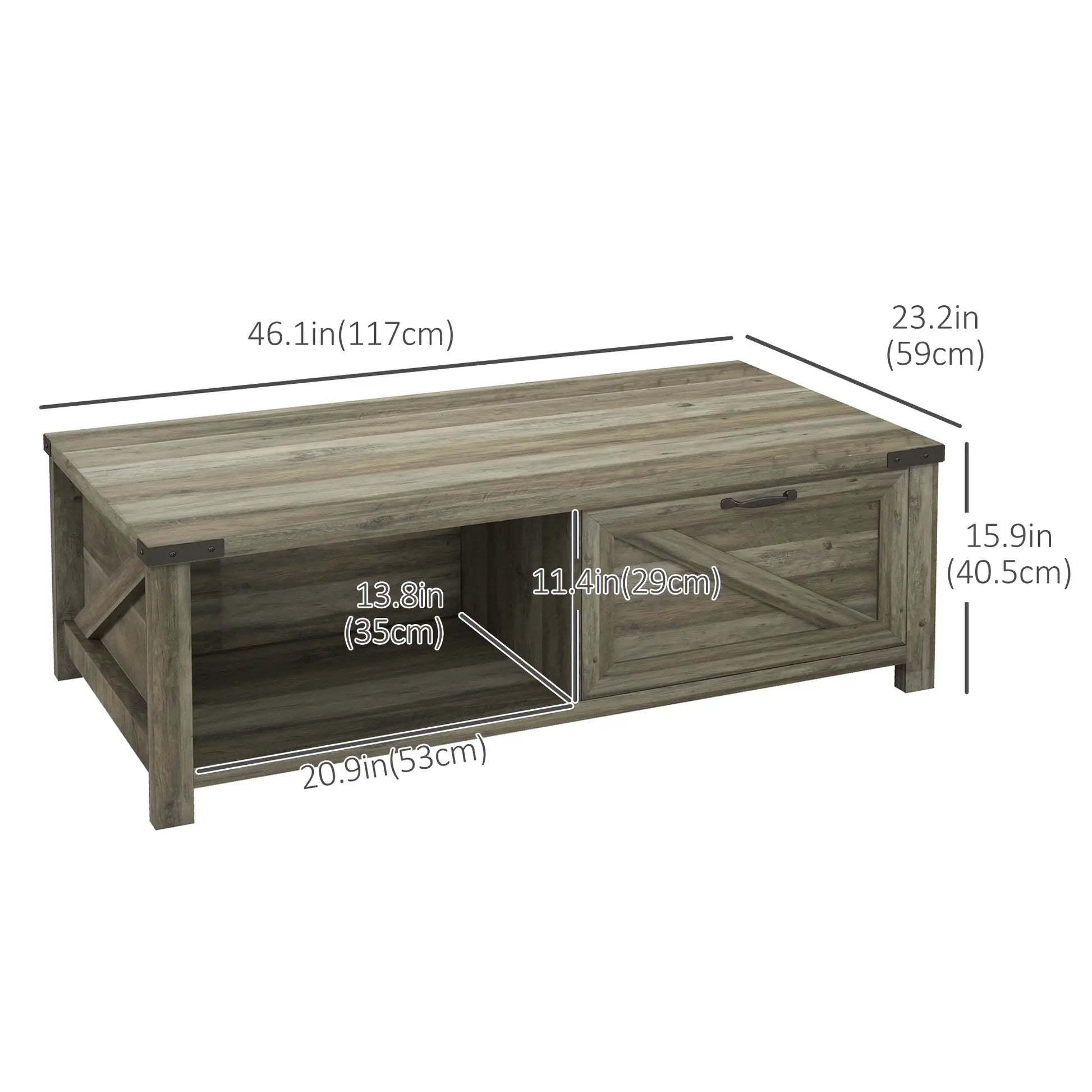 Farmhouse Coffee Table with Drawer, Storage Shelf, Grey Coffee Tables at Gallery Canada