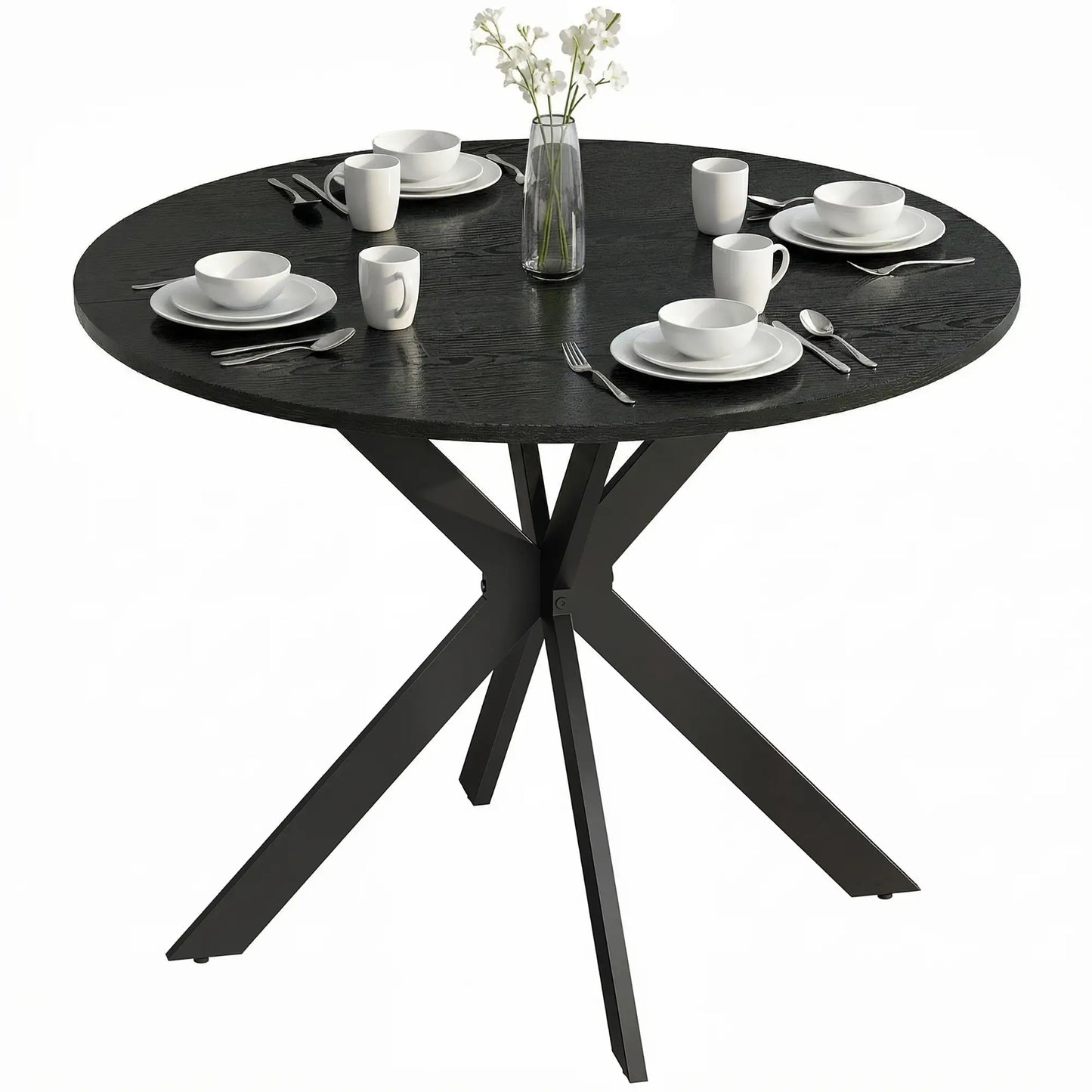 39" Dining Table, Round Kitchen Table, Steel Legs, Wood Grain, Black Dining Tables Black Wood Grain Tabletop, Black Legs at Gallery Canada