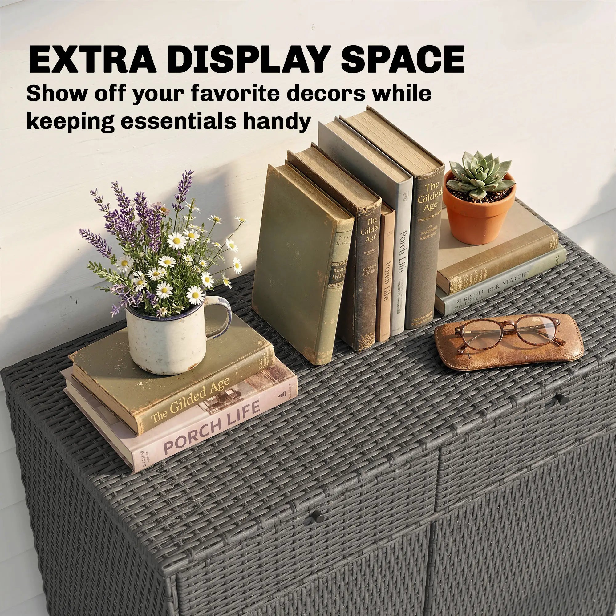 Wicker Outdoor Storage Cabinet, 2 Doors, Drawers, 2-Tier Shelf, Dark Grey Patio Storage Boxes at Gallery Canada