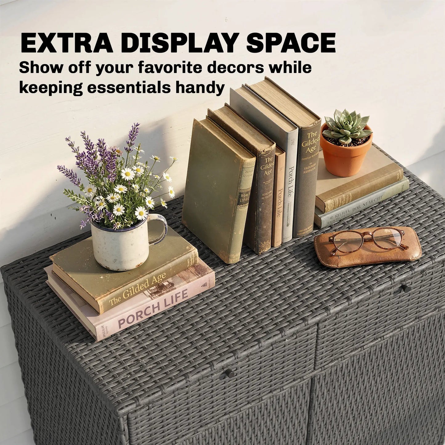 Wicker Outdoor Storage Cabinet, 2 Doors, Drawers, 2-Tier Shelf, Dark Grey Patio Storage Boxes at Gallery Canada