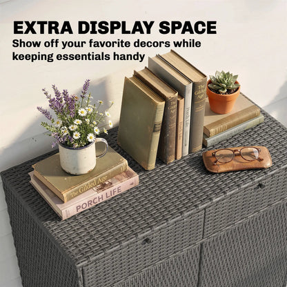 Wicker Outdoor Storage Cabinet, 2 Doors, Drawers, 2-Tier Shelf, Dark Grey Patio Storage Boxes at Gallery Canada