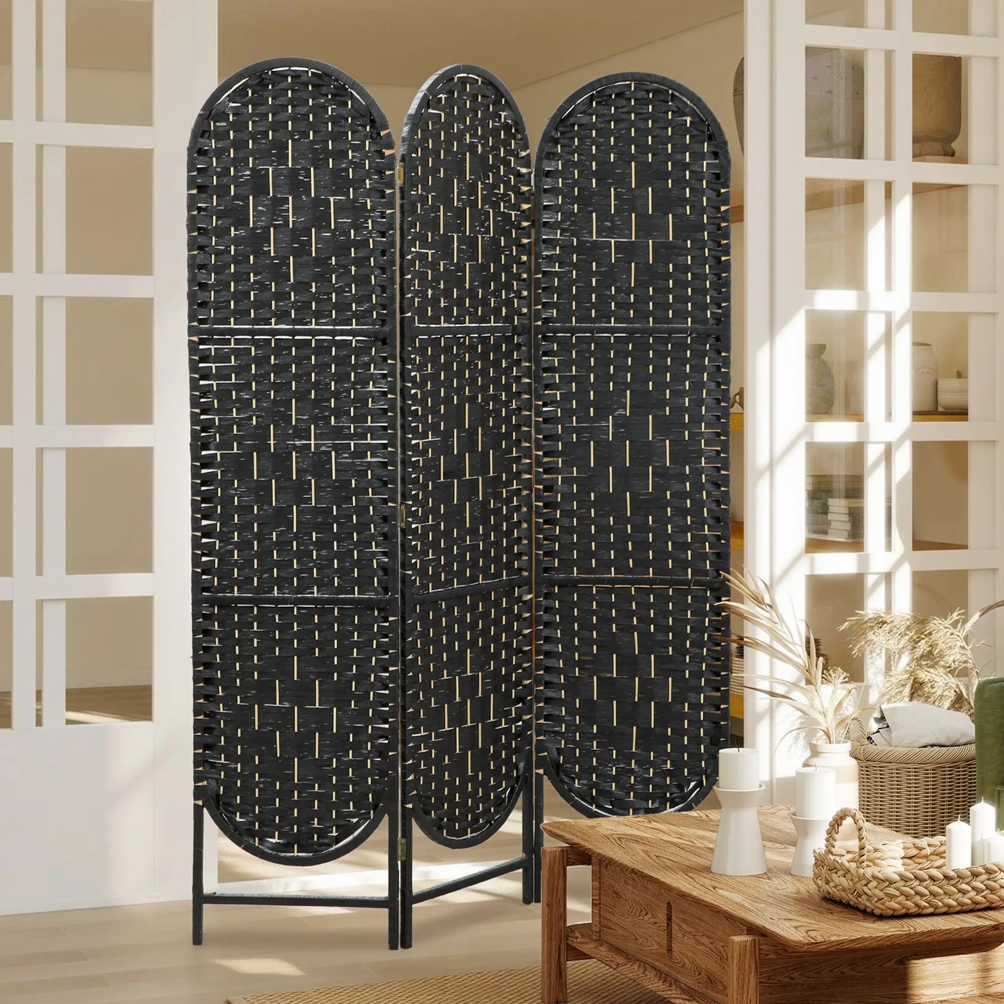 Bohemian Privacy Screen, 3 Panel Folding Room Divider, Arched Top, Black Room Dividers at Gallery Canada