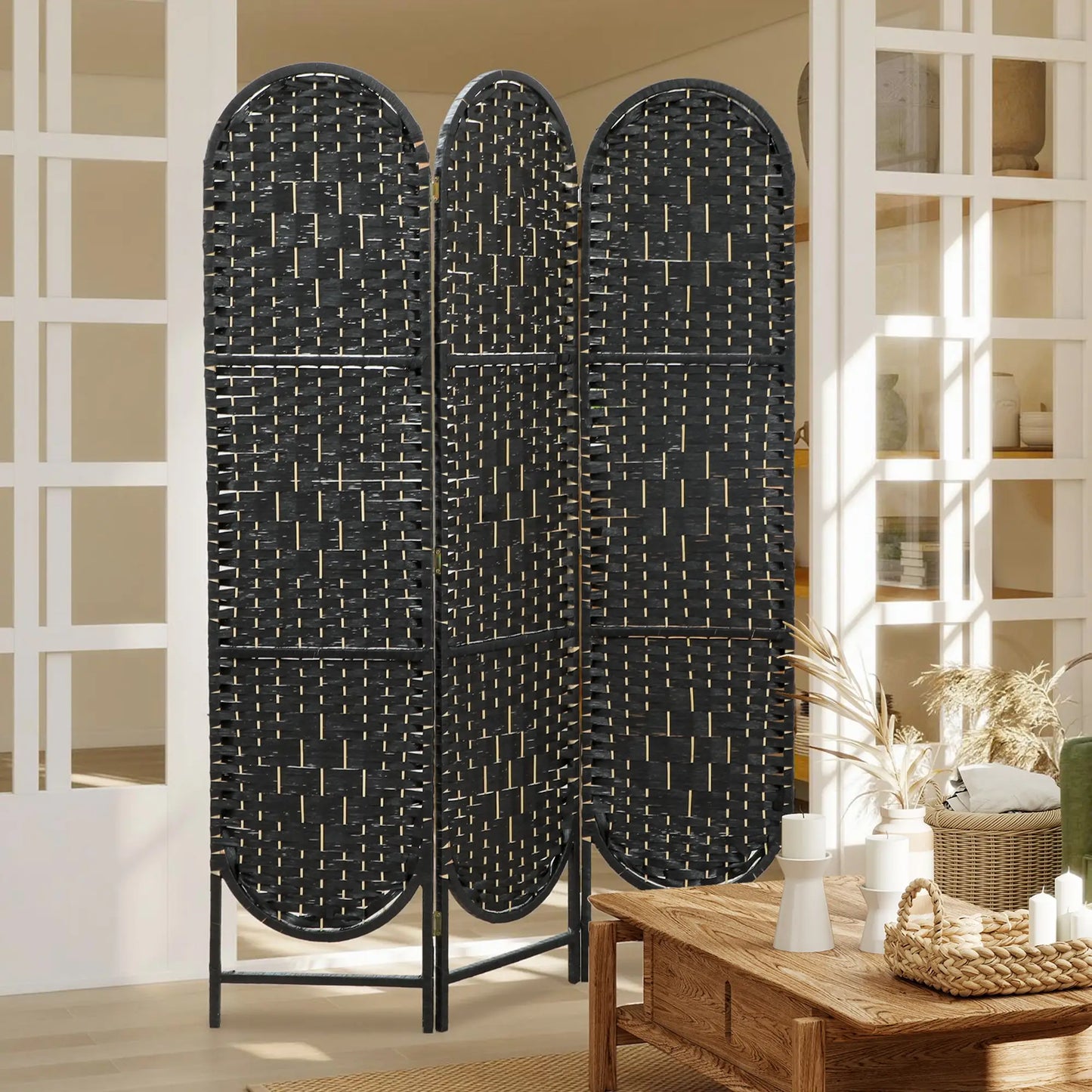 Bohemian Privacy Screen, 3 Panel Folding Room Divider, Arched Top, Black Room Dividers at Gallery Canada