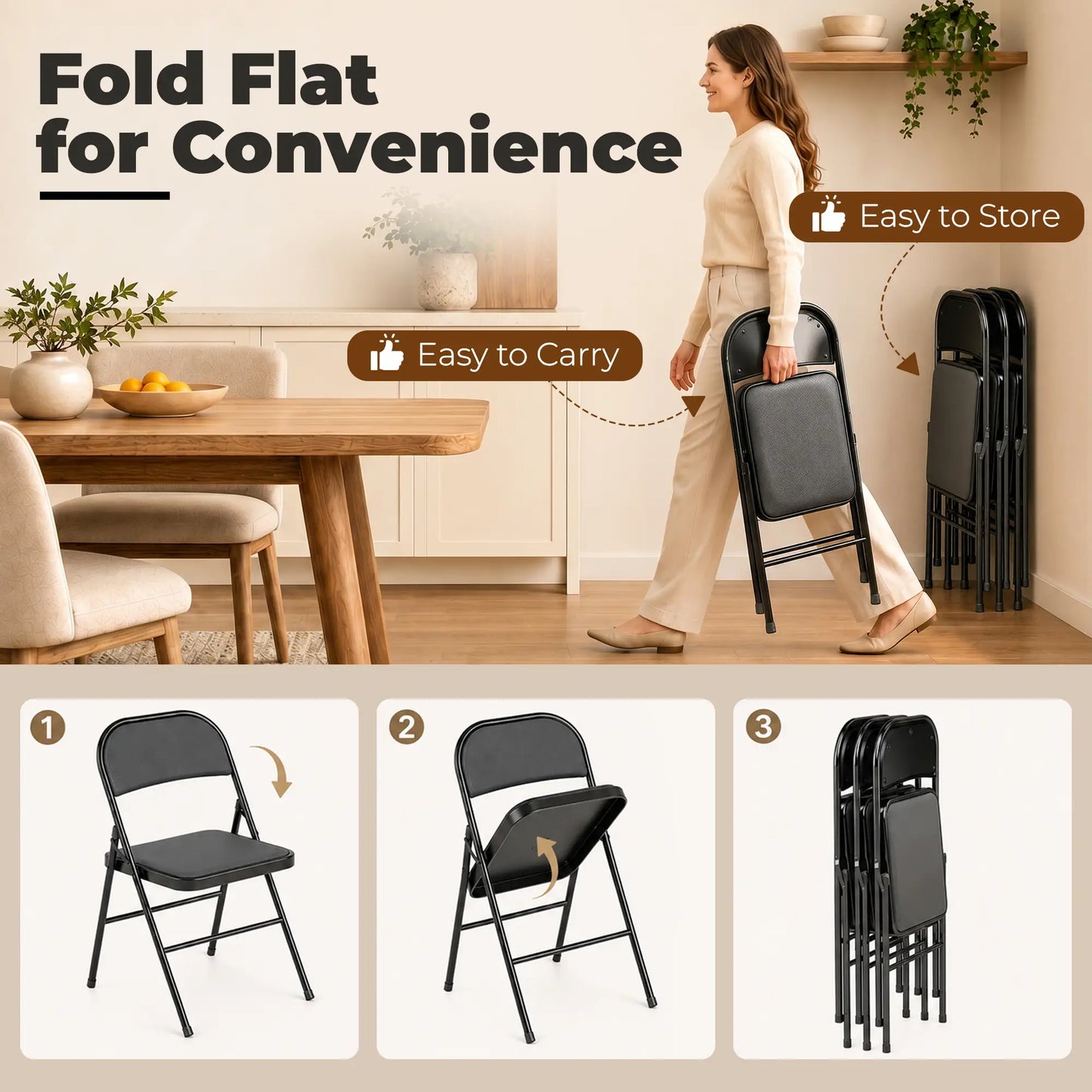 Set of 4 Metal Foldable Chairs, PU Leather Padded, Black Bar Stools at Gallery Canada