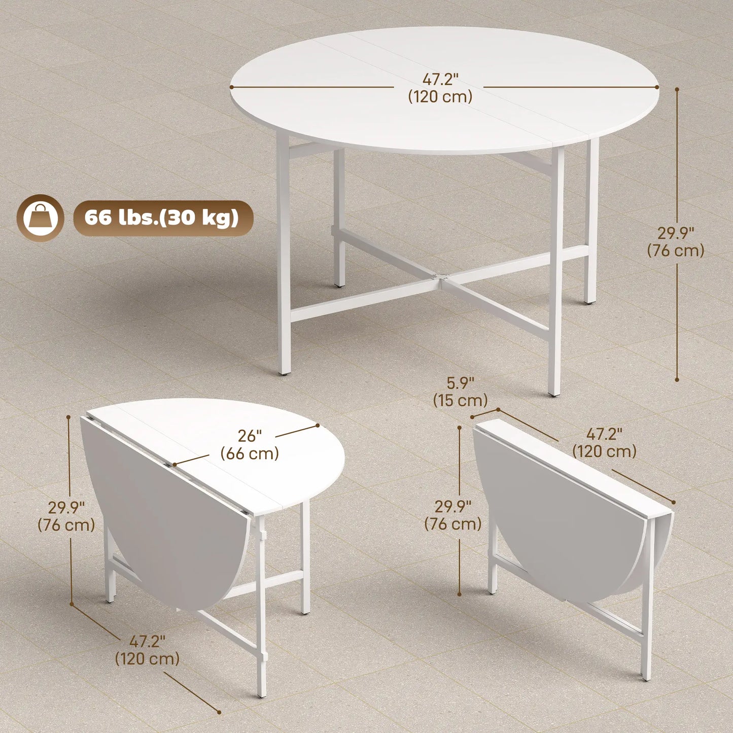 47" Round Drop Leaf Dining Table, Steel Frame, For 3-6 People, White Dining Tables at Gallery Canada