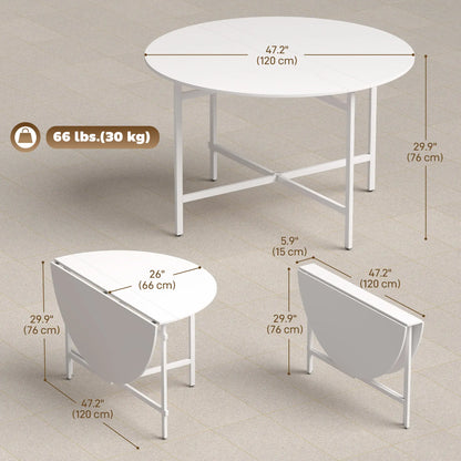 47" Round Drop Leaf Dining Table, Steel Frame, For 3-6 People, White Dining Tables at Gallery Canada