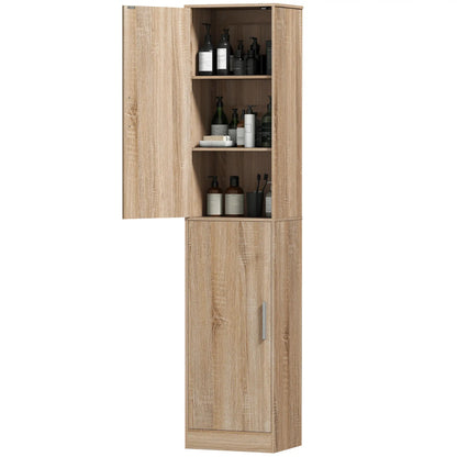Tall Bathroom Cabinet, Slim 6-Tier Bathroom Floor Cabinet with 2 Doors and 4 Adjustable Shelves, Natural Wood