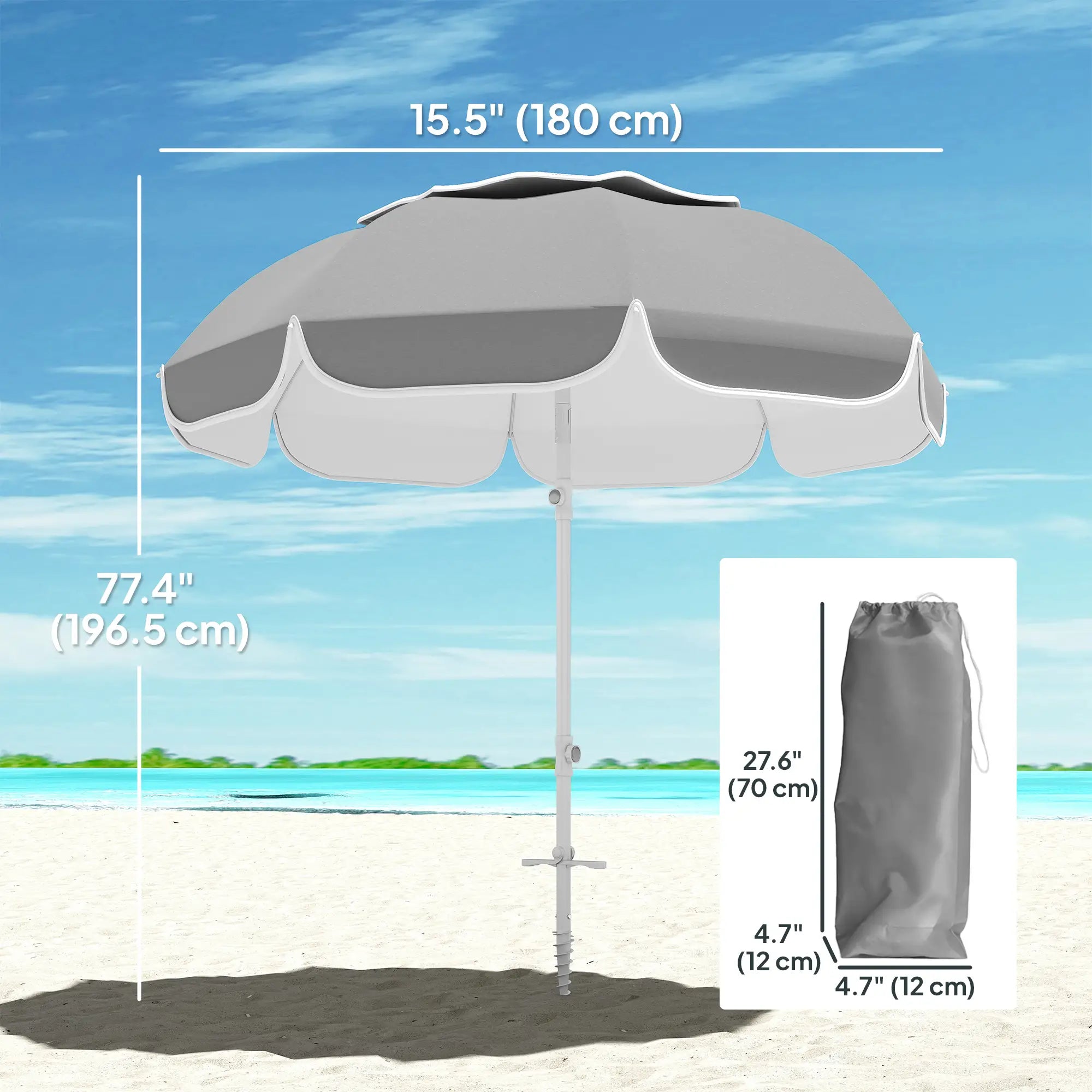 6 ft Portable Beach Umbrella, Sand Anchor, Carry Bag, Adjustable, UPF50+, Grey Beach Umbrellas at Gallery Canada