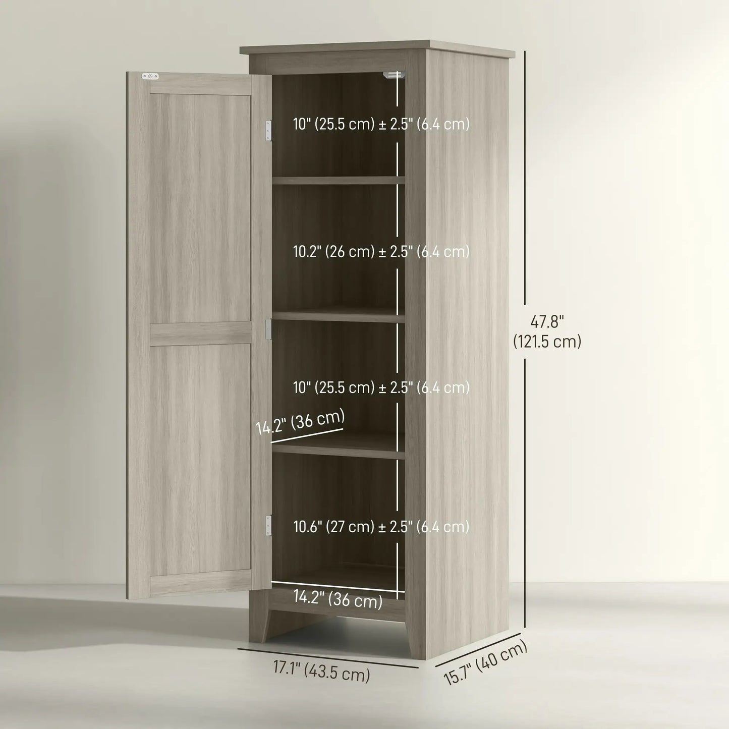 48" Kitchen Pantry Cabinet, Barn Door, Adjustable Shelves, Grey Wood Grain, Grey Kitchen Pantry Cabinets at Gallery Canada
