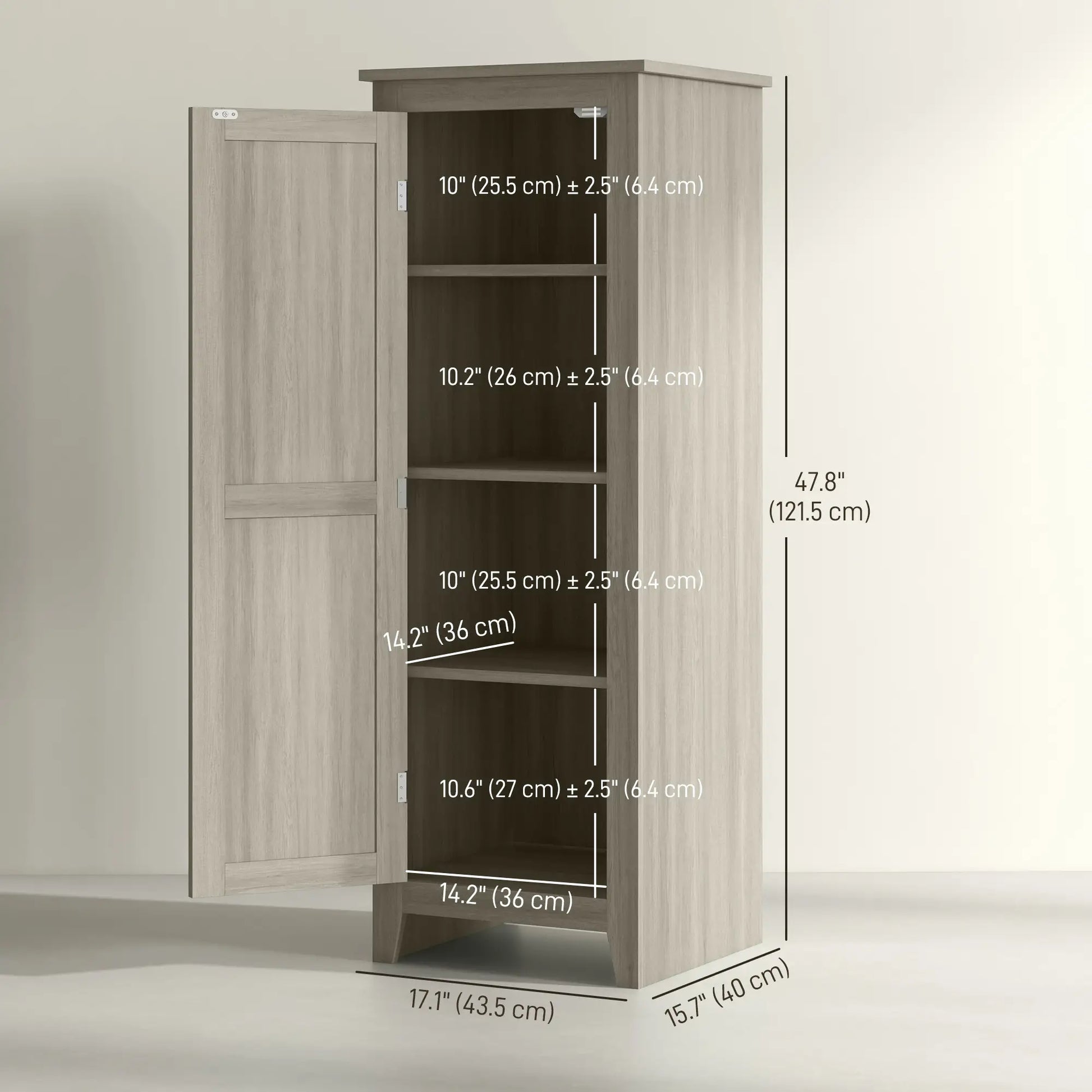 48" Kitchen Pantry Cabinet, Barn Door, Adjustable Shelves, Grey Wood Grain, Grey Kitchen Pantry Cabinets at Gallery Canada