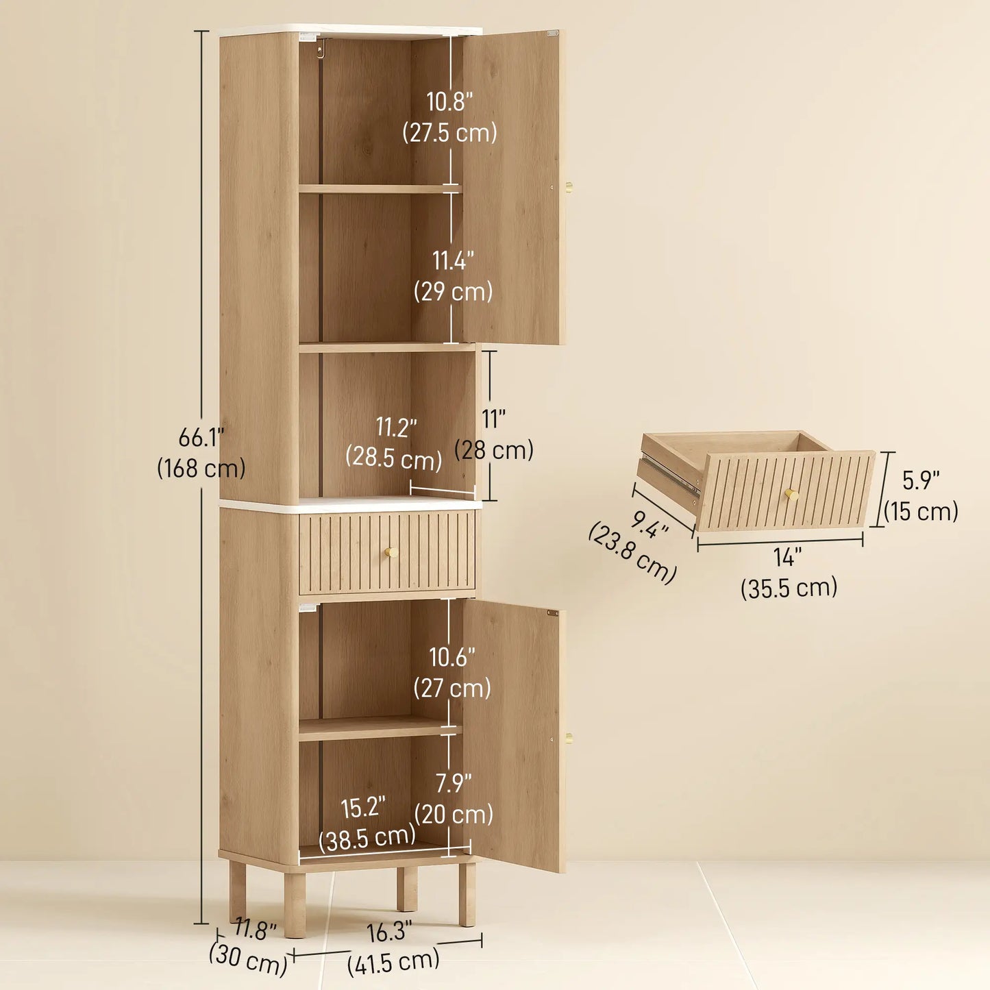 66 in Tall Bathroom Cabinet With Drawer, Oak