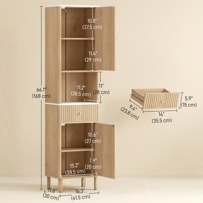 66 in Tall Bathroom Cabinet With Drawer, Oak