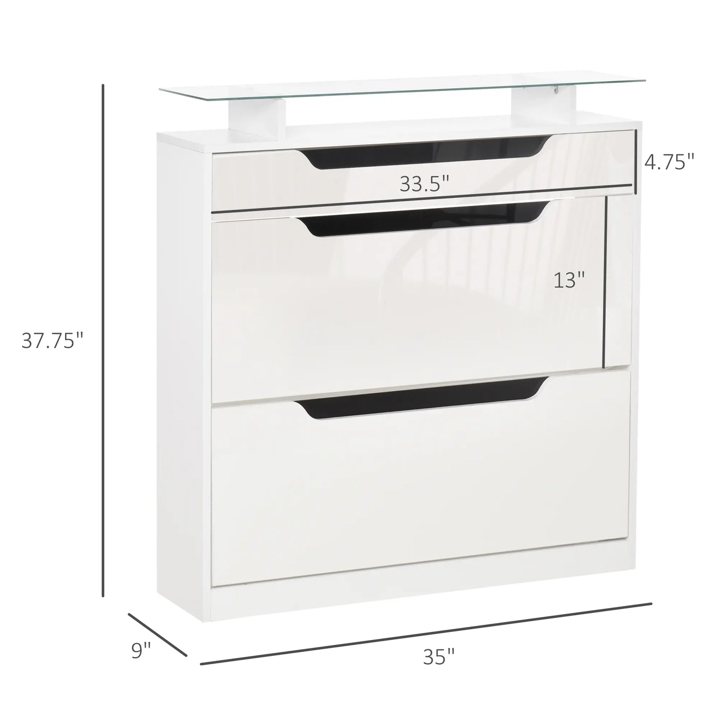 High Gloss Shoe Cabinet, 2 Flip Drawers, Adjustable Shelves, Glass Top, White Shoe Storage Cabinets & Racks at Gallery Canada