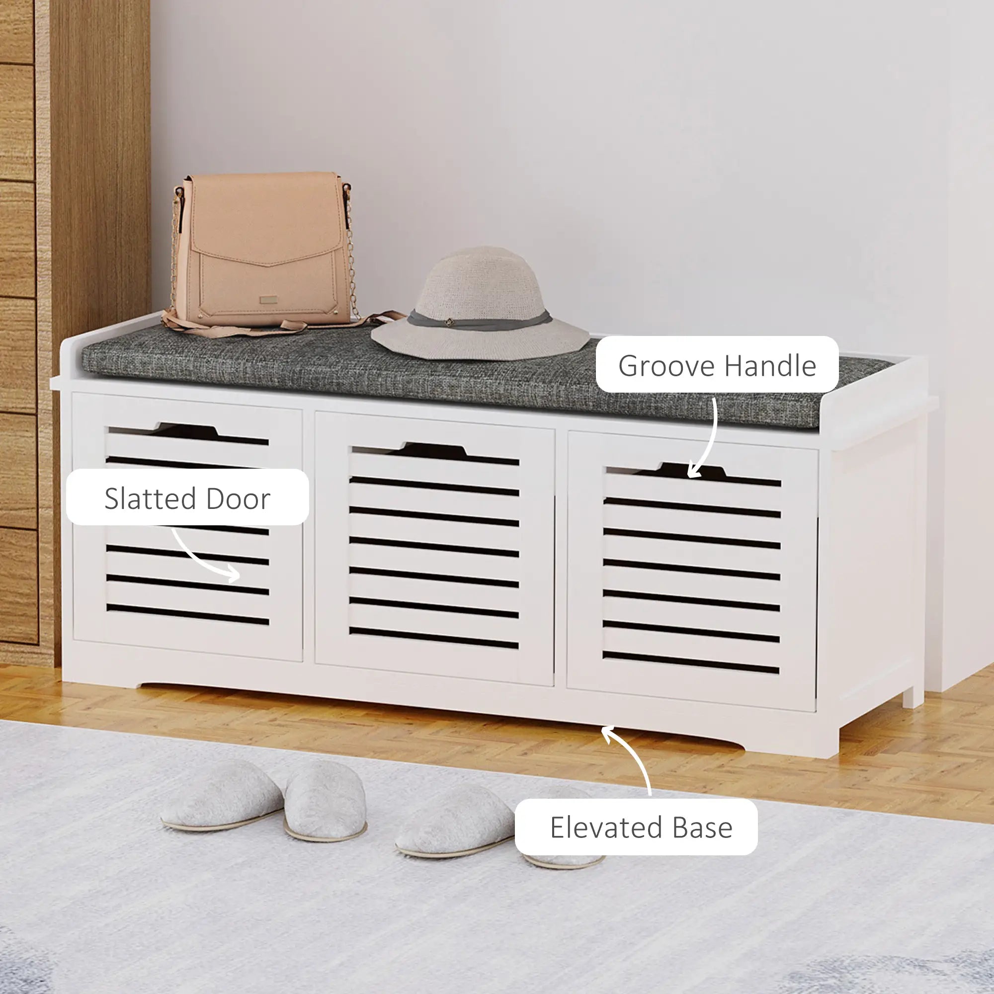 Upholstered Shoe Cabinet Bench, 3 Drawer Storage, White Shoe Storage Cabinets & Racks at Gallery Canada