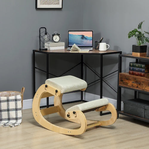 Ergonomic Kneeling Chair, Adjustable Rocking Wood Stool, Cream White