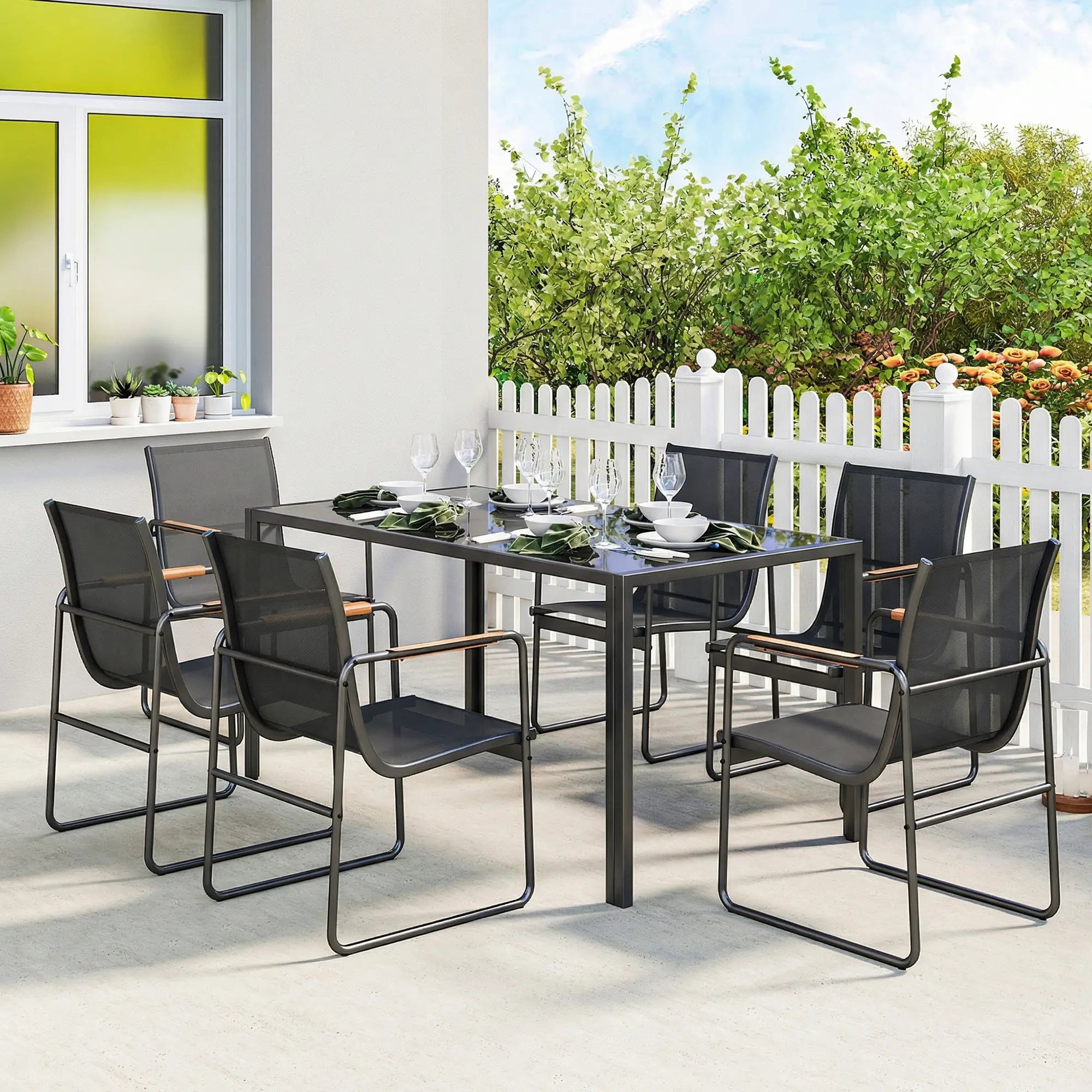 7 Piece Outdoor Dining Set, Glass Patio Table And Chairs, Black Outdoor Dining Sets at Gallery Canada