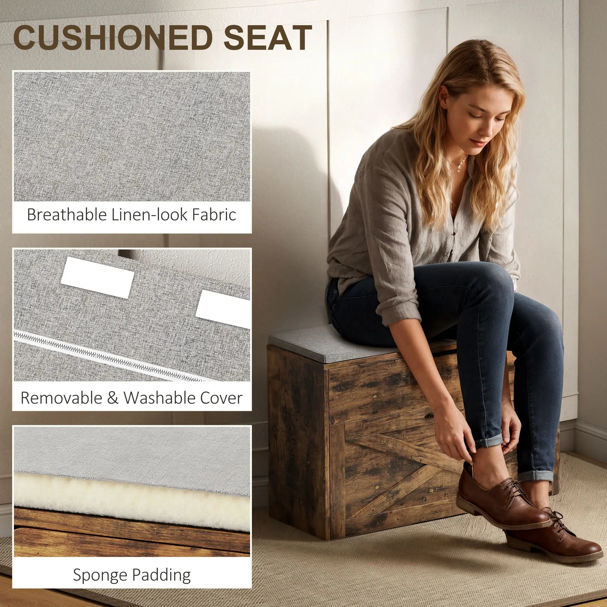 Shoe Storage Bench with Flip Drawer, Lift Top, Seat Cushion, Rustic Brown Shoe Storage Cabinets & Racks at Gallery Canada