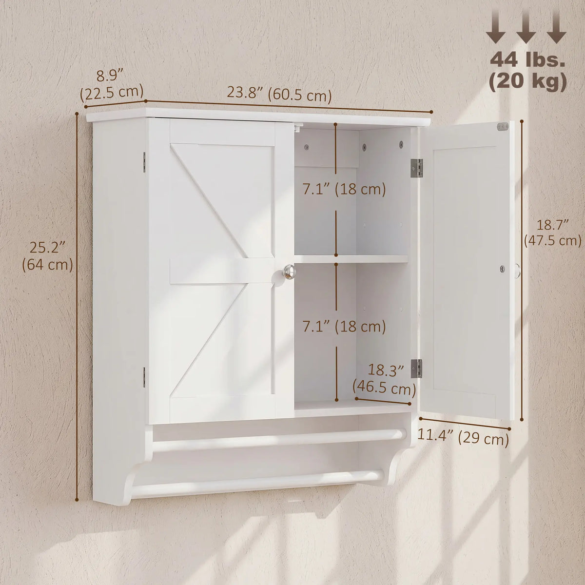 Bathroom Wall Cabinet with Adjustable Shelf, 2 Doors, Towel Racks, White