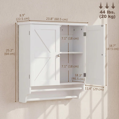 Bathroom Wall Cabinet with Adjustable Shelf, 2 Doors, Towel Racks, White