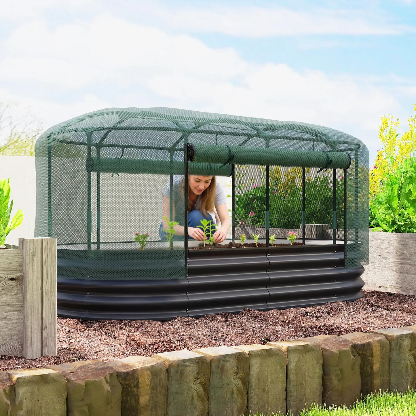 6' x 3' Galvanized Raised Garden Bed, Crop Cage Net Cover, Watering System, Dark Grey Raised Garden Beds at Gallery Canada