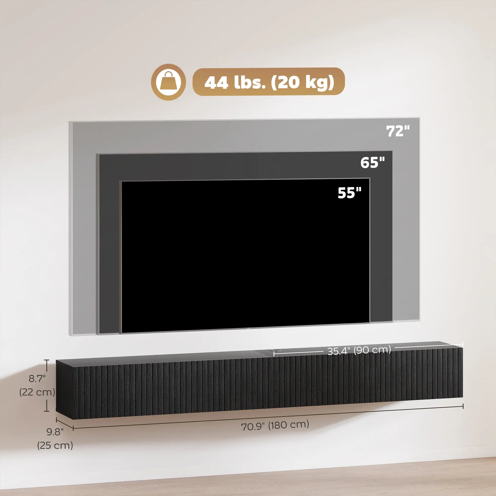71 Inch Floating TV Stand, Wall Mount Media Console, 2 Fluted Doors, Black TV Stands at Gallery Canada