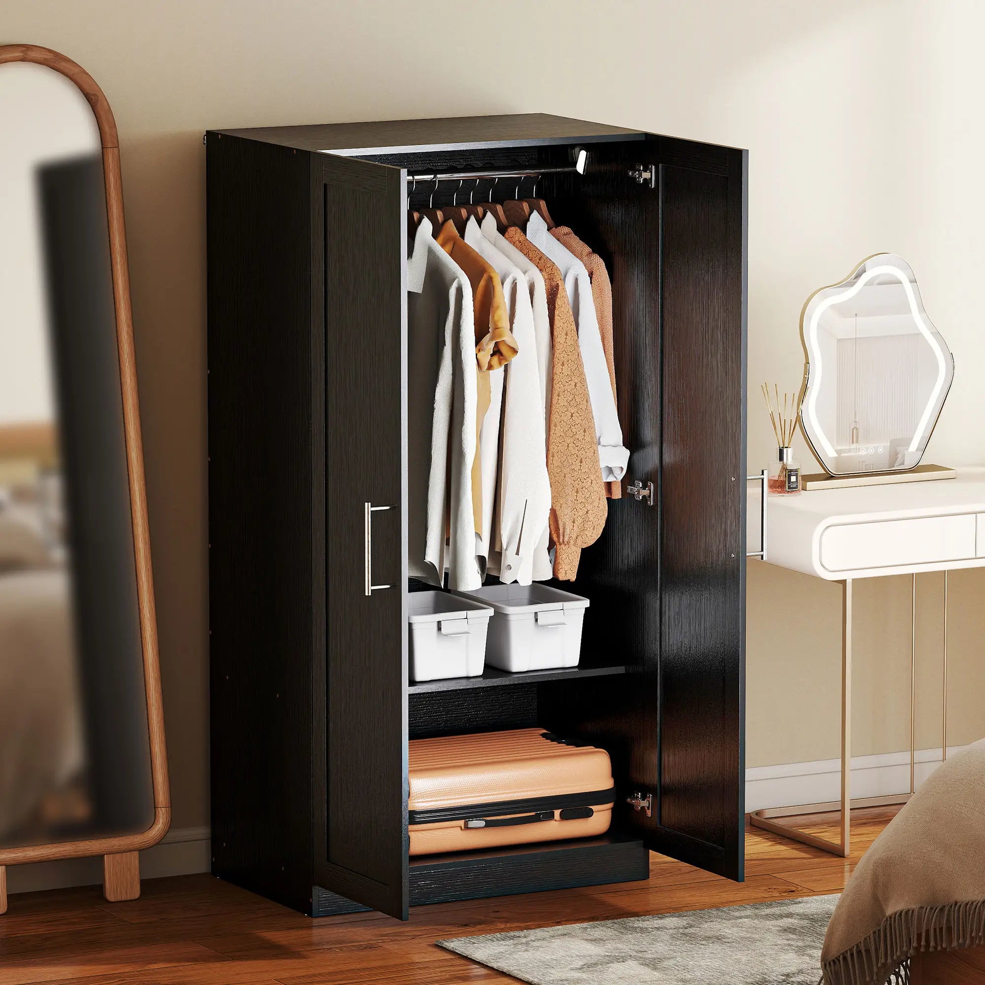 Modern Armoire Wardrobe Cabinet, 2 Doors With Hanging Rod, Black Wood Effect, Black Clothing Storage at Gallery Canada