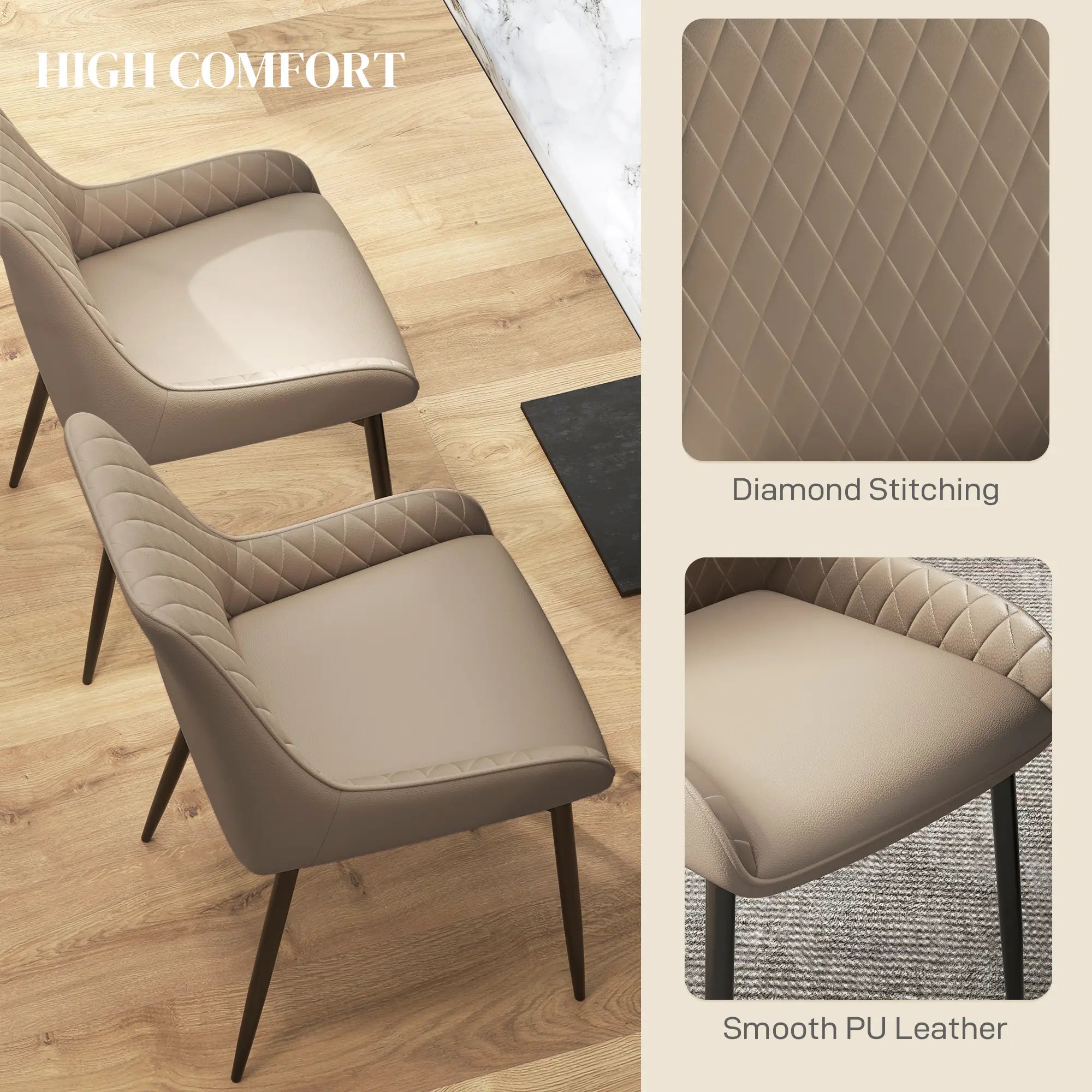 Modern Dining Chairs Set of 2, PU Leather, Metal Legs, Khaki Dining Chairs at Gallery Canada