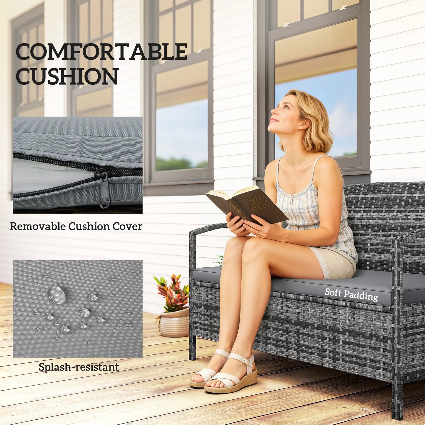 33 Gallon Outdoor Storage Bench, Wicker Deck Box Patio Seat, Grey Outdoor Benches at Gallery Canada