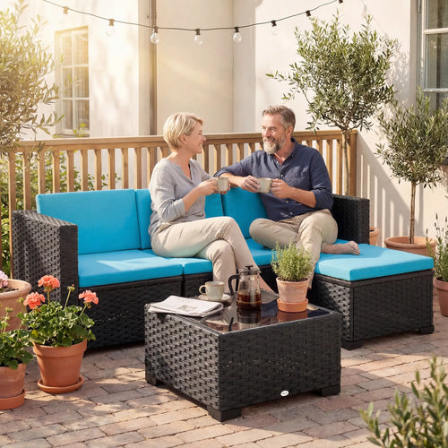 5 Piece Patio Furniture Set, L-Shape Wicker Sectional, Turquoise
