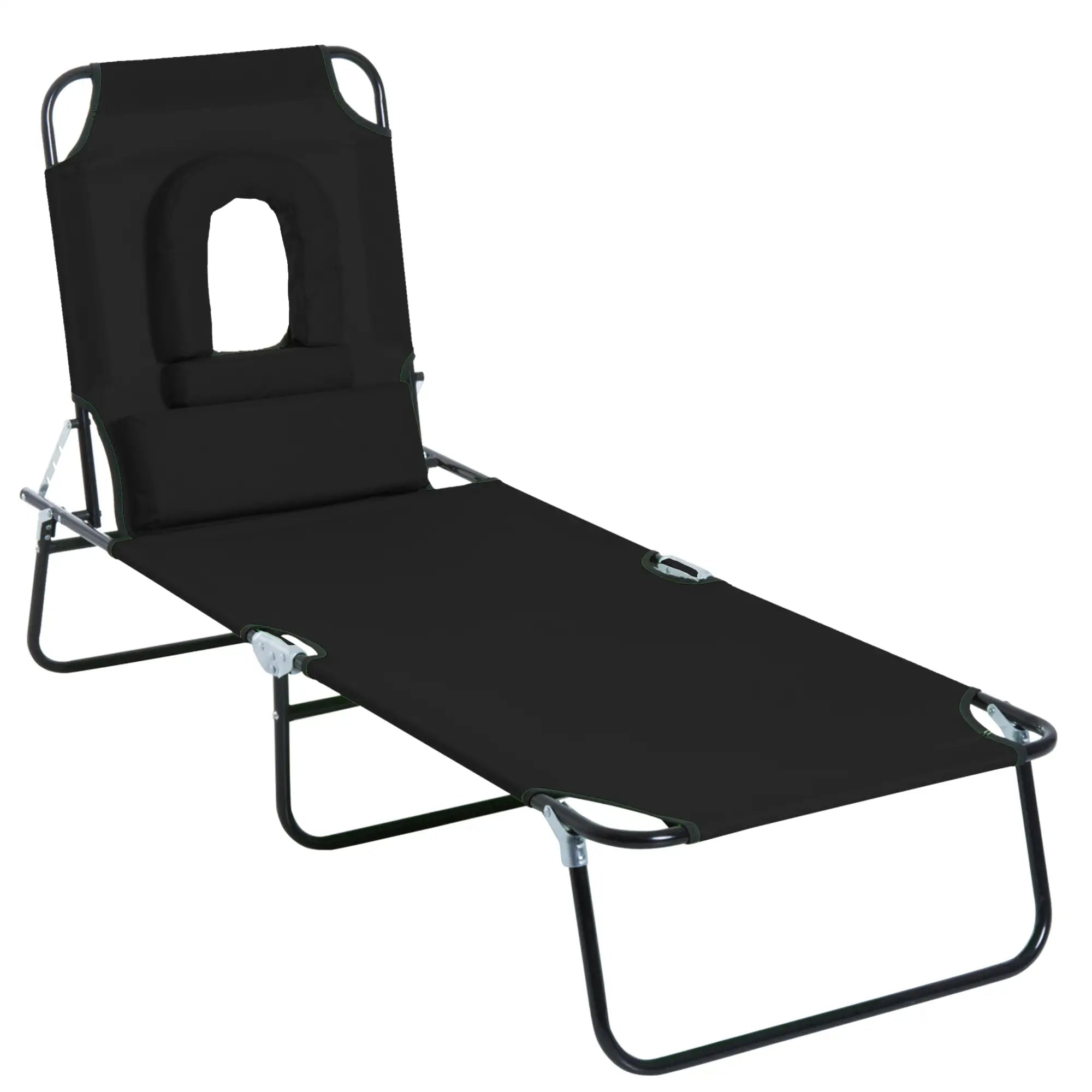 Adjustable Outdoor Lounge Chair, Folding Chaise with Face Hole, Black Lounger Chairs Black at Gallery Canada