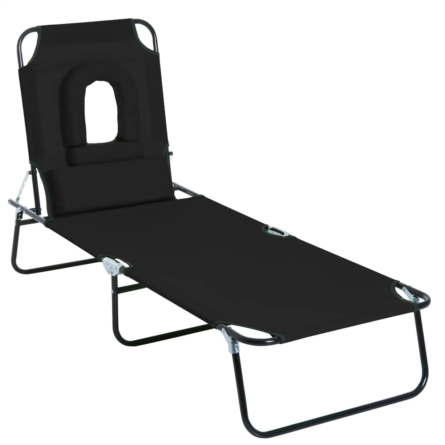 Adjustable Outdoor Lounge Chair, Folding Chaise with Face Hole, Black Lounger Chairs Black at Gallery Canada