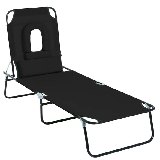 Adjustable Outdoor Lounge Chair, Folding Chaise with Face Hole, Black Lounger Chairs Black at Gallery Canada