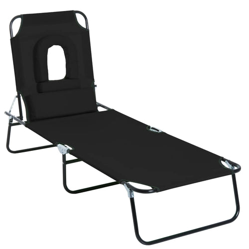 Adjustable Outdoor Lounge Chair, Folding Chaise with Face Hole, Black
