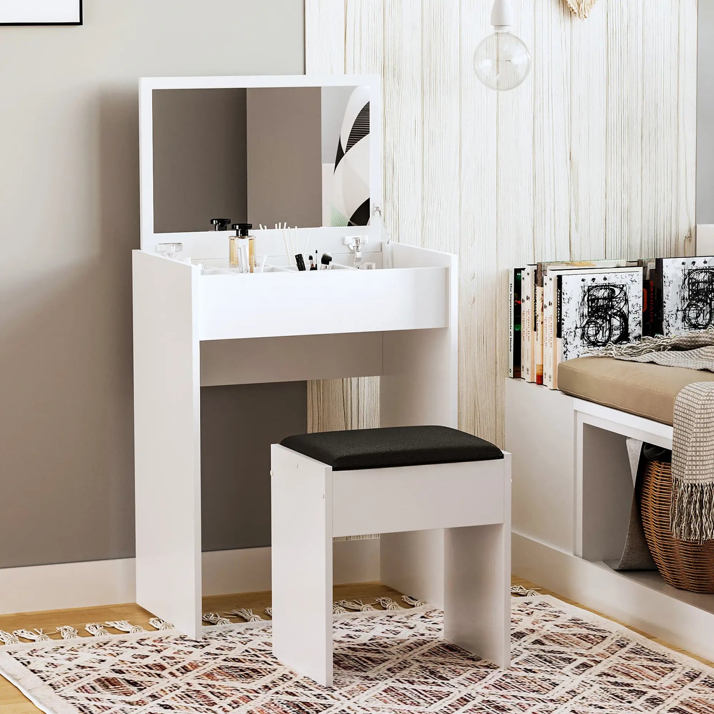Modern Vanity Set, Makeup Table with Cushioned Stool, Flip Top Mirror, White Dressing & Vanity Tables at Gallery Canada