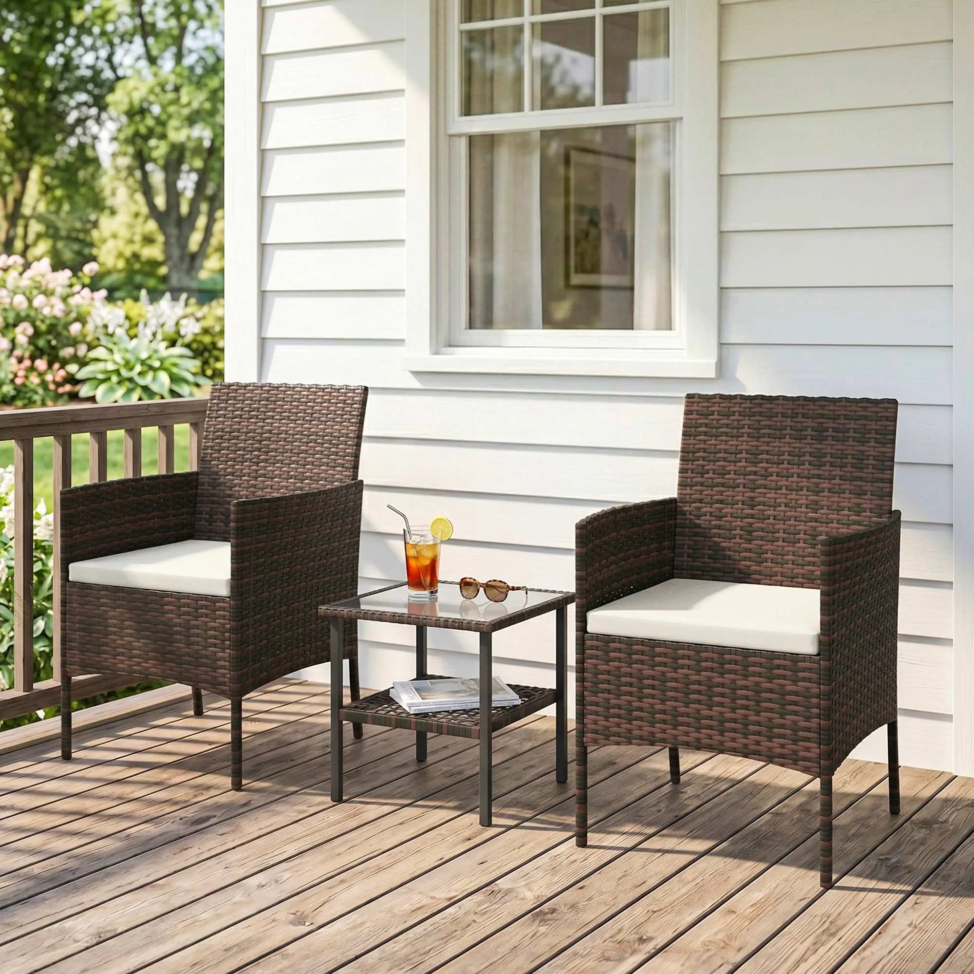 3-Piece Wicker Bistro Set, 2-Tier Glass Top Table, Beige Bistro Sets at Gallery Canada