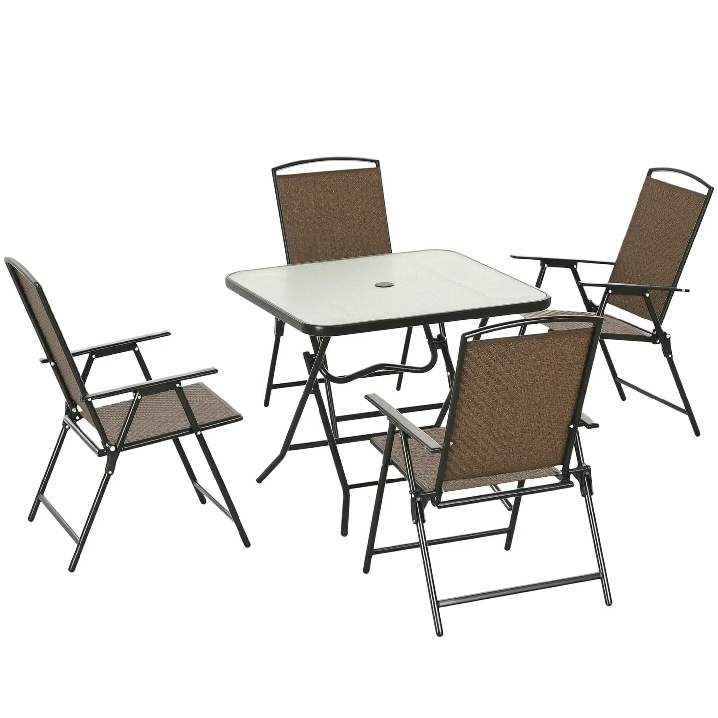 5-Piece Folding Rattan Patio Set, Table and 4 Chairs, Umbrella Hole, Tempered Glass Top, Dark Brown Patio Furniture Sets at Gallery Canada