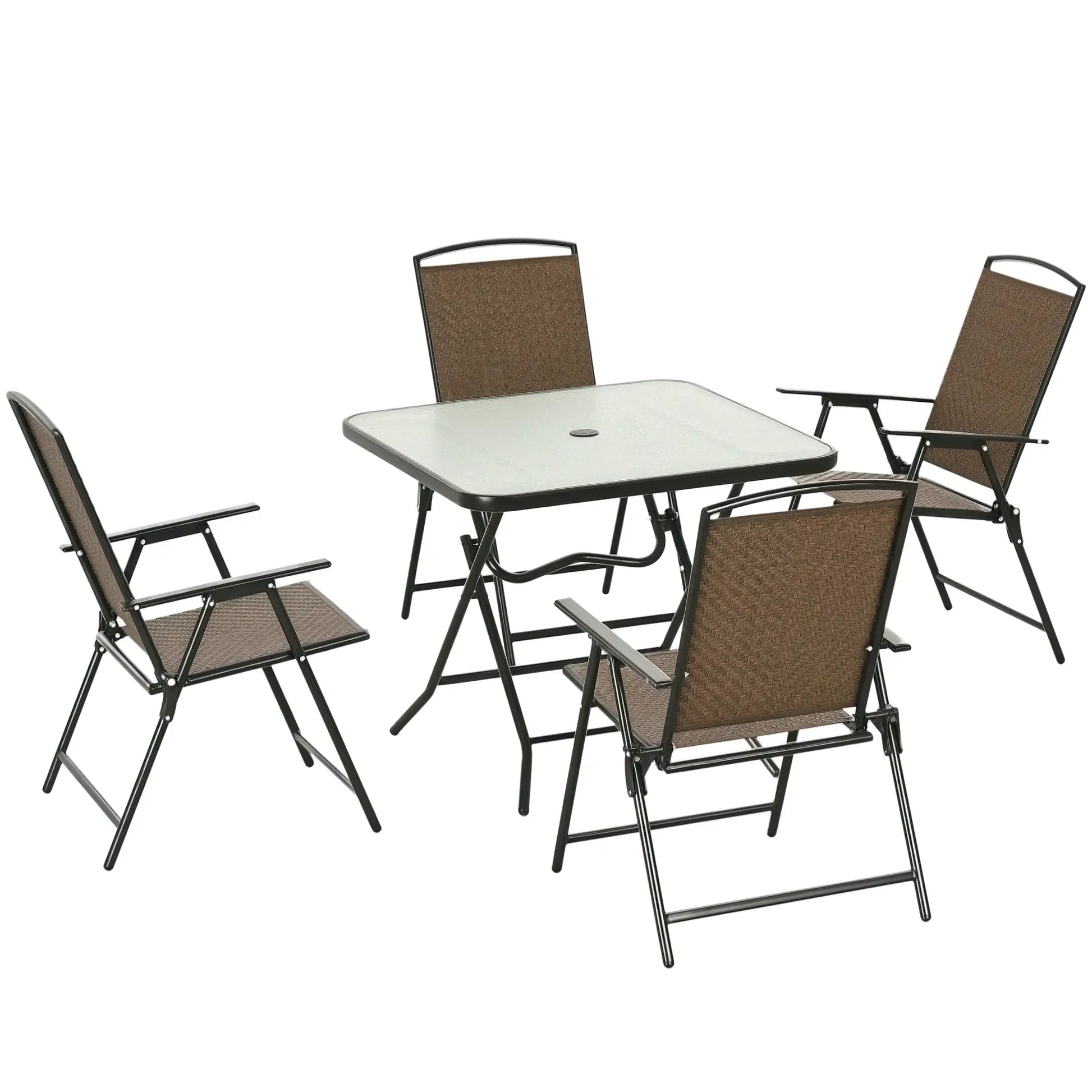 5-Piece Folding Rattan Patio Set, Table and 4 Chairs, Umbrella Hole, Tempered Glass Top, Dark Brown Patio Furniture Sets at Gallery Canada