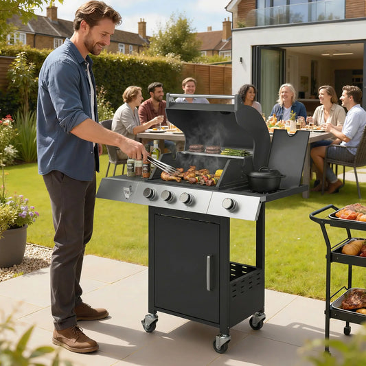 3 Burner Propane Gas Grill, 36,000 BTU, Cast Iron Grates, Wheels, Warming Rack Propane Gas Grills Silver, Black at Gallery Canada