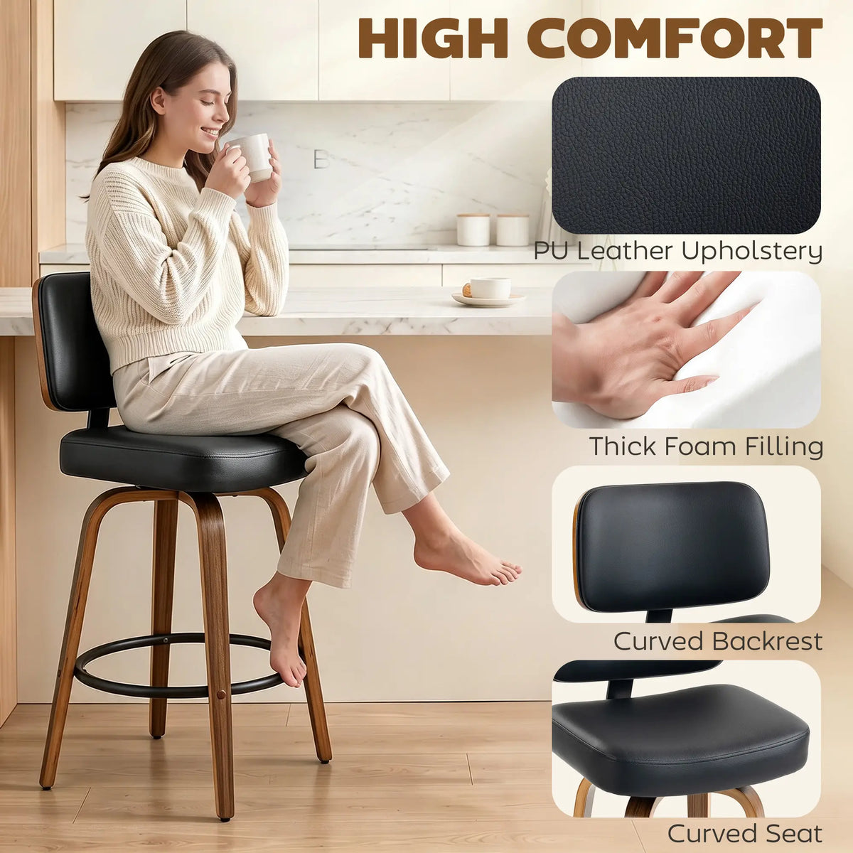 Swivel Bar Stools Set of 2, PU Leather, Black Bar Stools at Gallery Canada