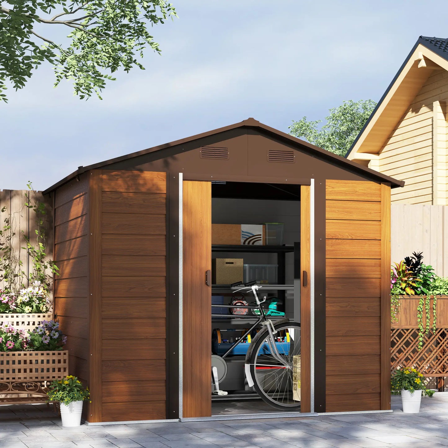7.7' x 6.5' Metal Garden Shed, Ventilation, Dark Brown Wood Grain Sheds at Gallery Canada