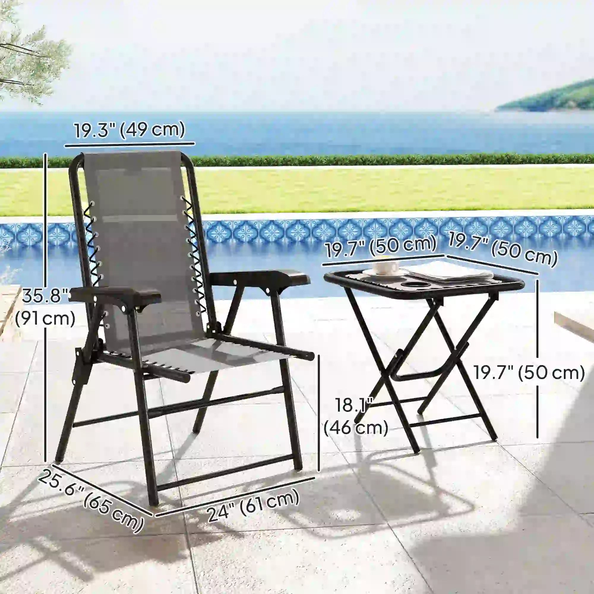3 Piece Patio Bistro Set, Outdoor Folding Table And Chairs, Metal Furniture With Cup Holders Bistro Sets at Gallery Canada