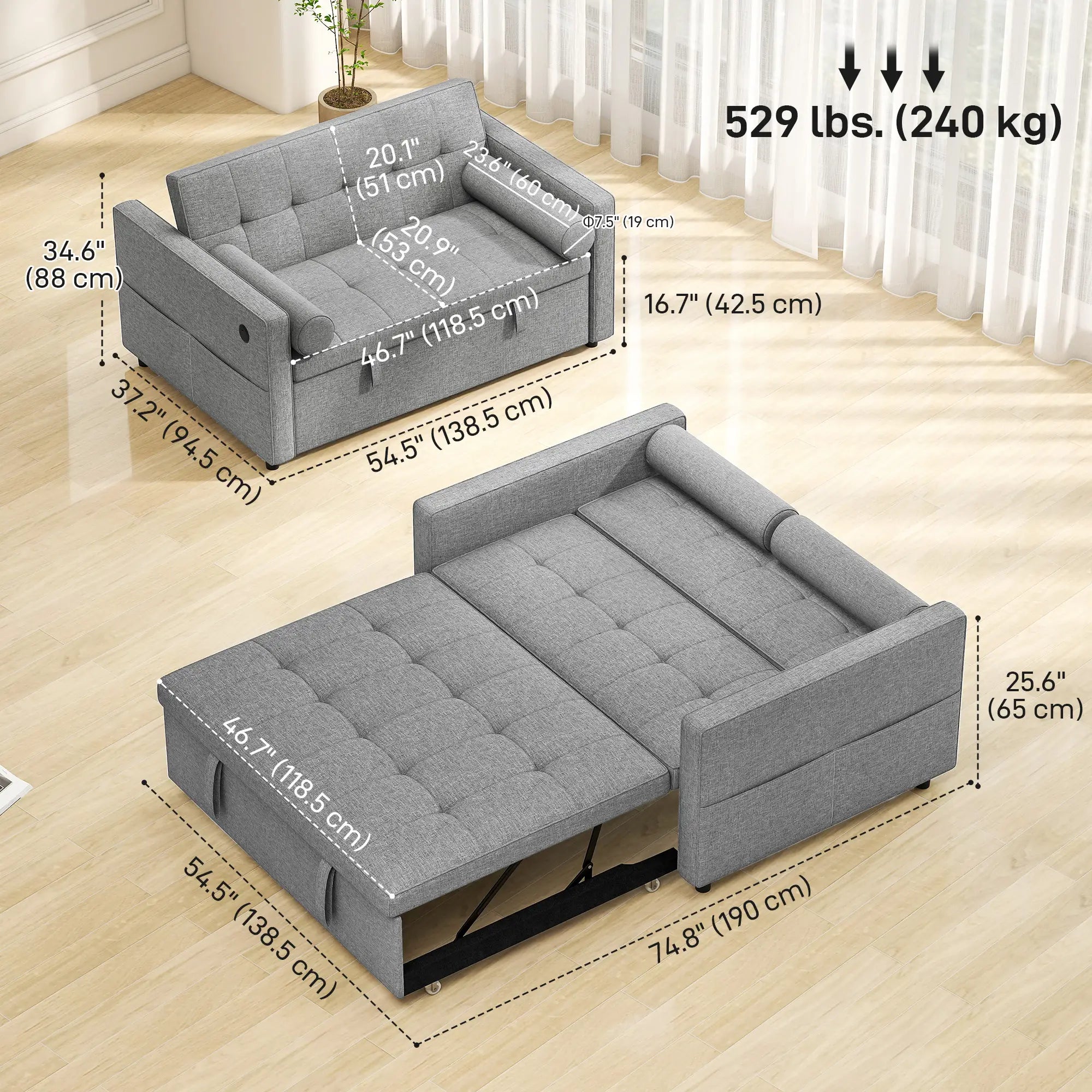 Pull Out Sofa Bed, Sleeper Couch with USB, Small Linen Loveseat, Grey 2-Seater Sofas at Gallery Canada