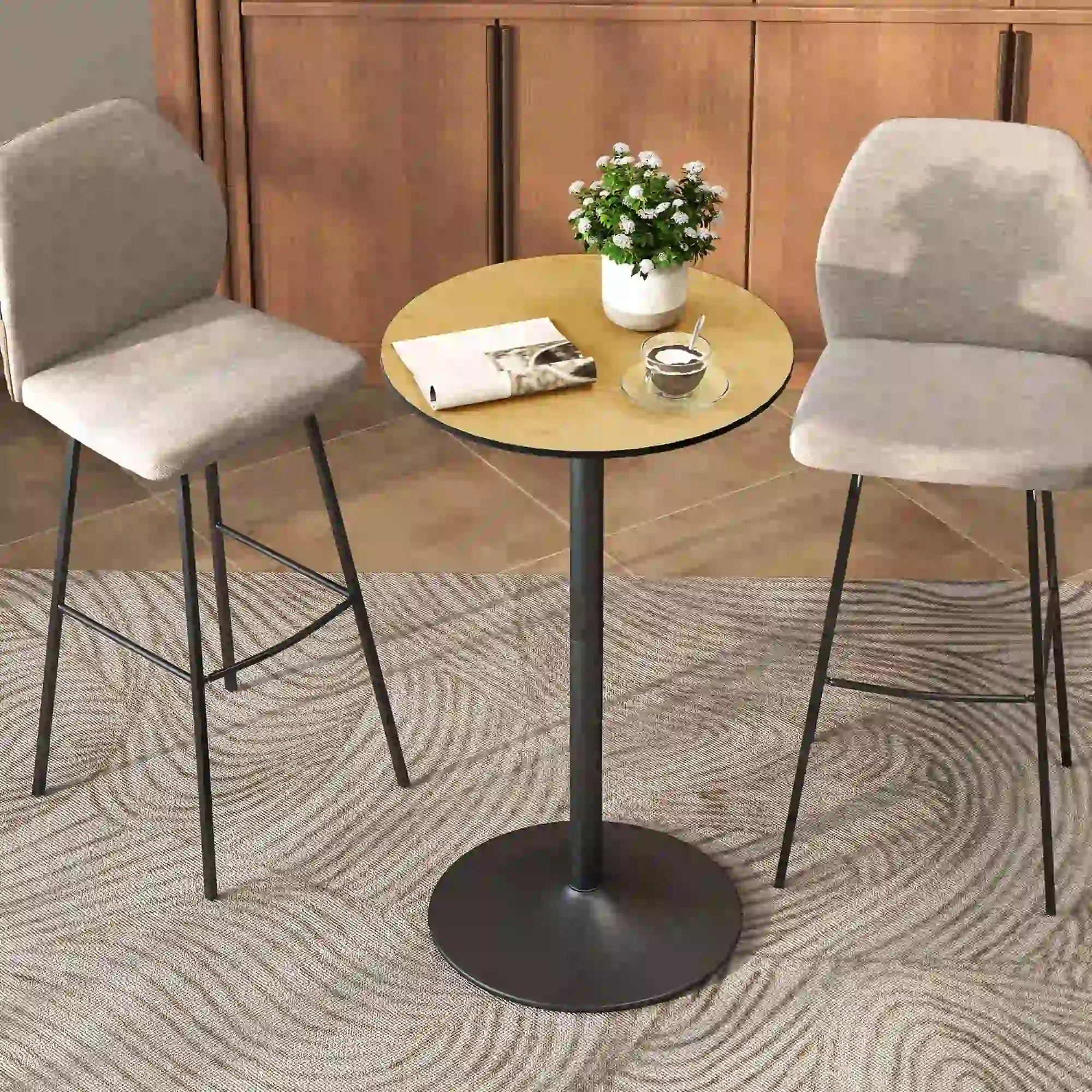 Round Table for 2, 40.2 Inch, Natural Wood, Steel Frame Bar Tables at Gallery Canada